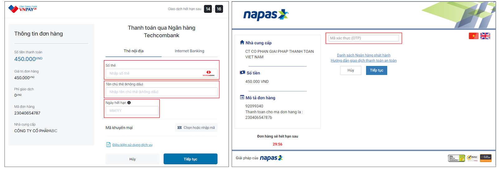 Phương thức thanh toán qua “Thẻ nội địa và tài khoản ngân hàng”