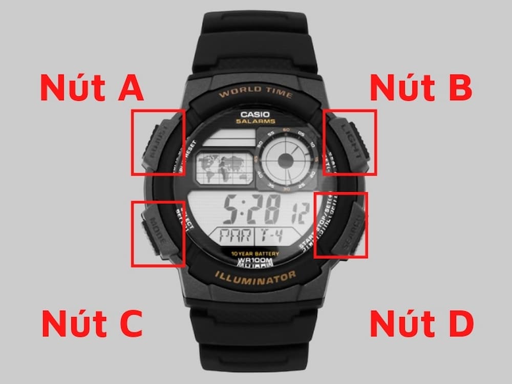 Quy ước thứ tự các nút bấm trên loại đồng hồ 4 nút