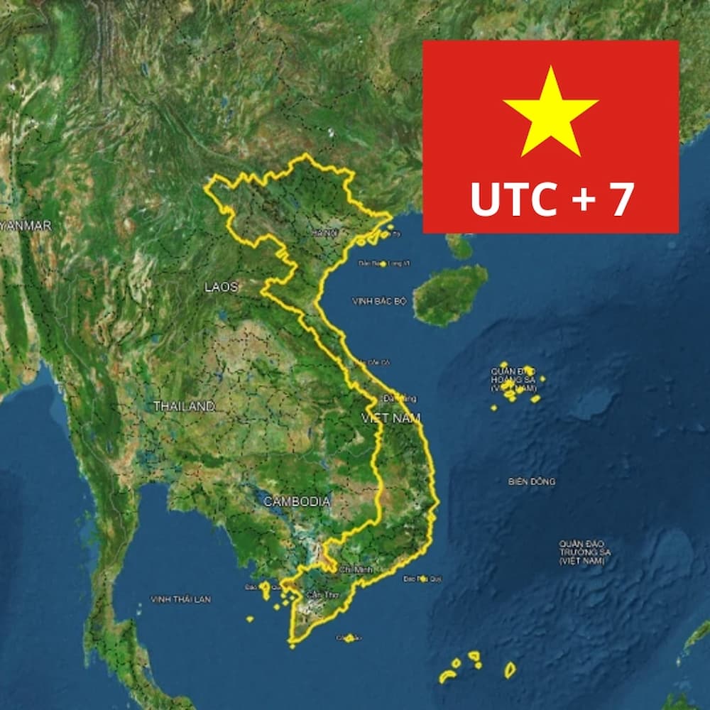 Việt Nam nằm trong múi giờ UTC+7 trên bản đồ thế giới